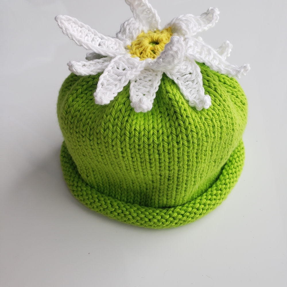 Lime Green Knit Beanie with White Flower for Kids